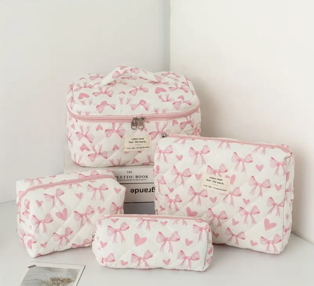 Pink bows & hearts quilted bag four pieces set
