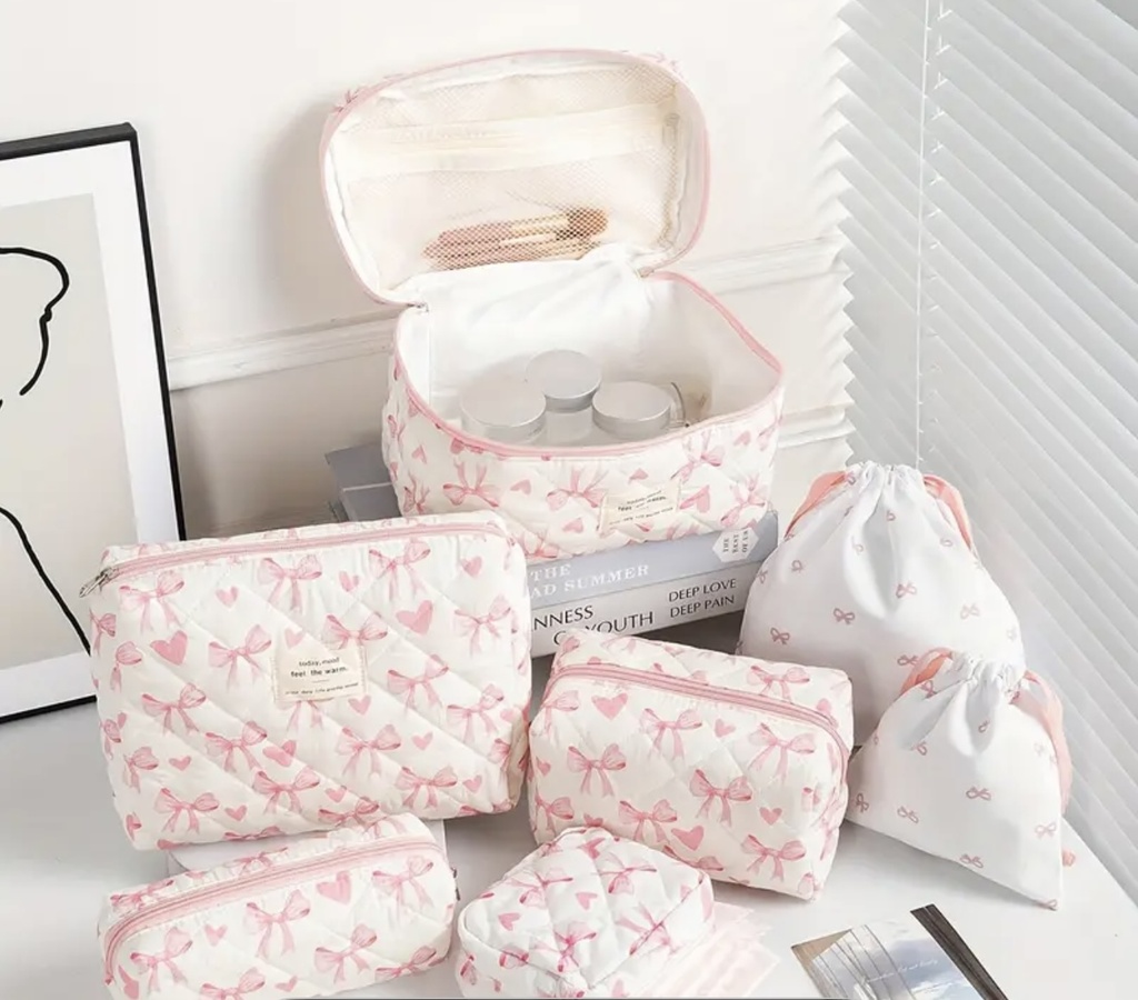 Pink hearts quilted bag seven pieces set 