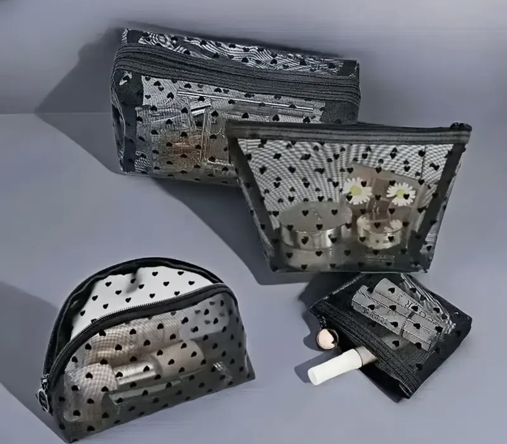 Tiny black hearts mesh bag four pieces set 