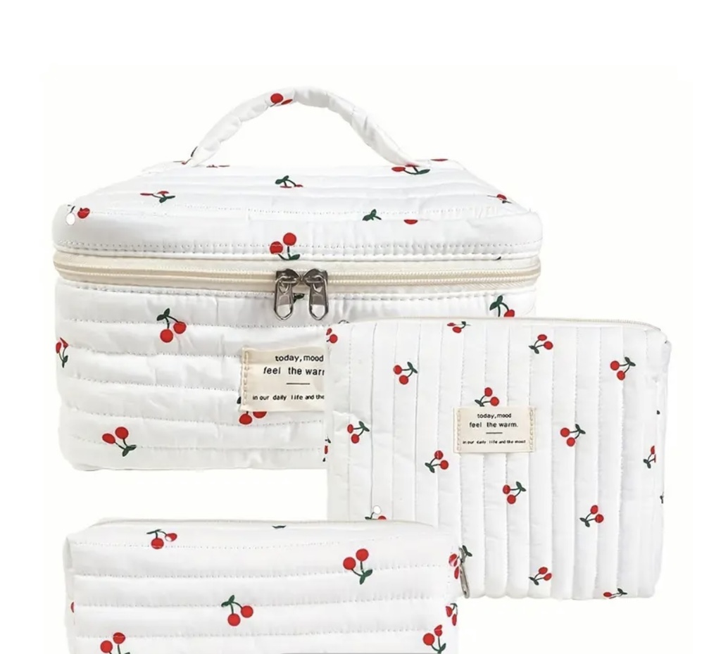 White quilted cherry print pure cotton three bags set