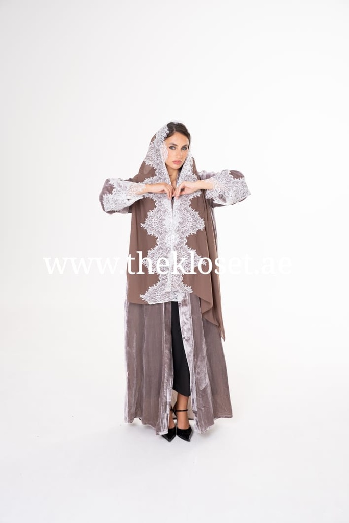Velvet abaya with lace sleeves