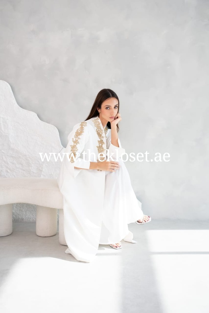 White Abaya With Golden Embroidery 