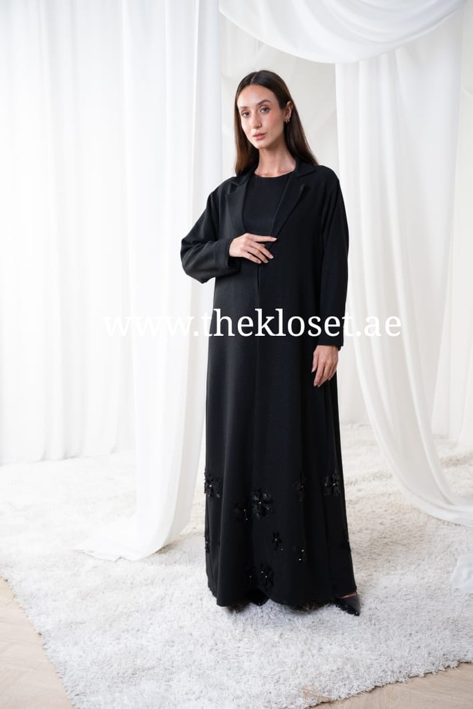 Chic Black Hand Made  Abaya With Flower Design