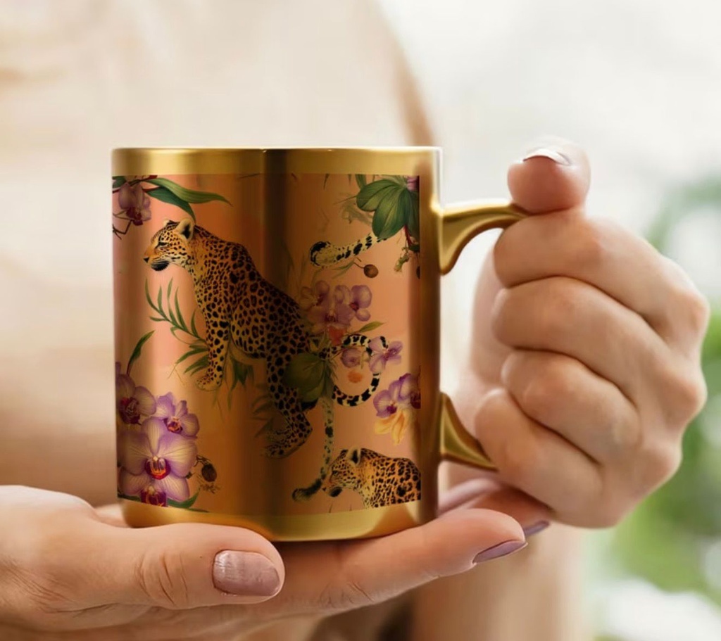 Golden Cheetah  Print with Orchid Flower Mug