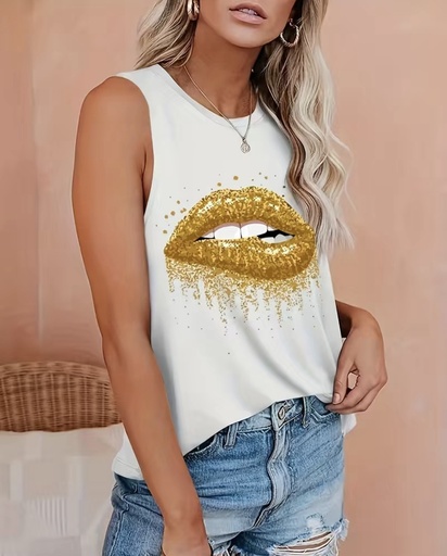 Golden Lip Print Crew Neck Tank Top