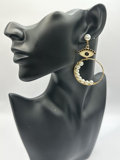 [85340109] Pearls loop evil eye earrings