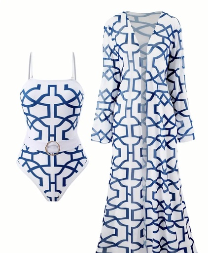 Geometric Print Ring Belt Decor Elegant Swimsuits