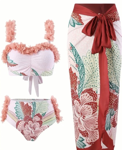 Ruffles Floral 3 Piece Swimsuit Set