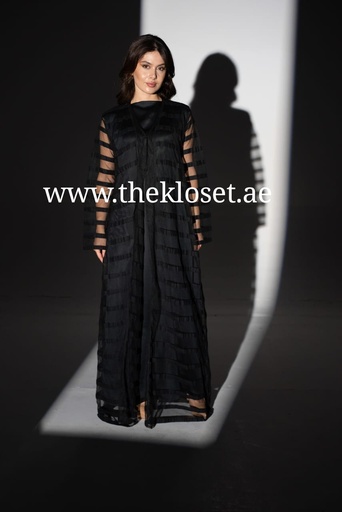 [72331908] Black sheer striped mesh Abaya