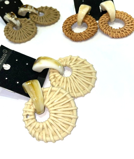 Handmade Rattan Wooden Geometric Round Drop Earrings