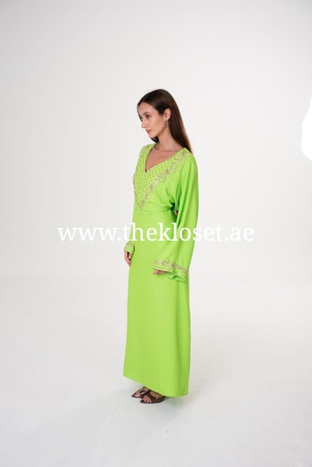 [31769709] Neon Green Long Sleeve Embroidered Dress