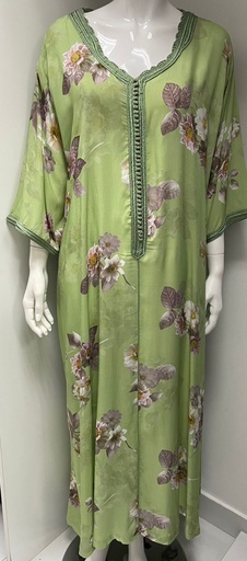[64424318] Pale Green Floral Print V Neck Loose Dress