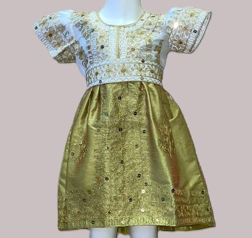 [94244931] Traditional Belted Dress for Little Girls Decorated with Gold Sequins
