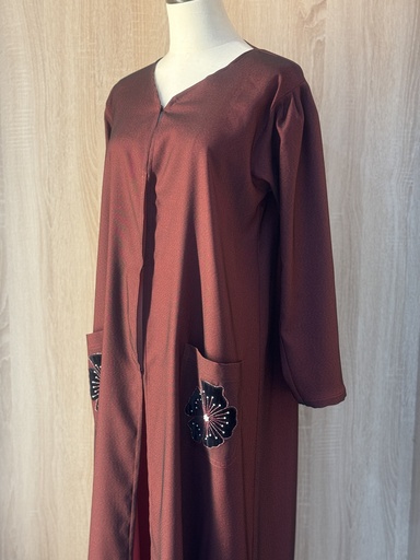 [57277253] Maroon Hand Beaded Flowers Abaya 