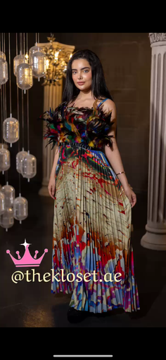 [97530574] Elegant Hues Feathers Silky  Dress