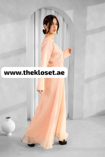 [42157098] Peach Embroidered flower Design Midi Dress