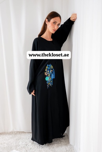 [95263562] Black Abaya with Art Floral Design  