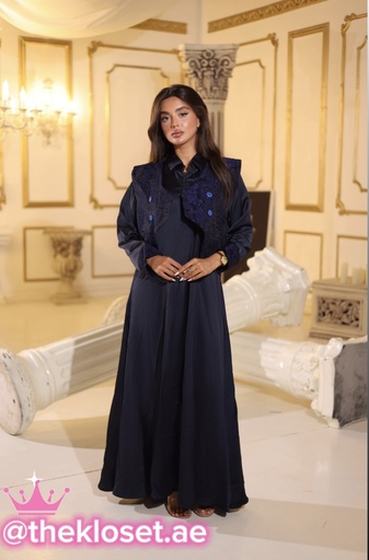 [95533300] Embroidery Blue Vest Black Abaya