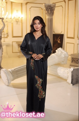 [89953628] Hand Beaded Roses Asymmetric Abaya