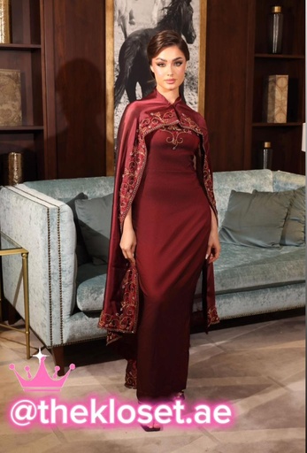 [38717121] Burgundy Dress with Beautifully Embroidered Detachable Skirt/Cape