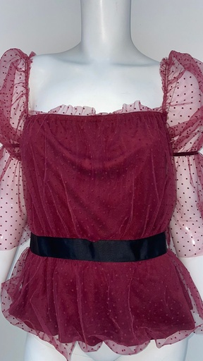 [32051254] Maroon Tulle Balloon Sleeve Top
