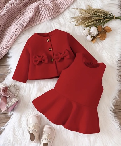 Red Woollen bow Coat & Vest Dress Set