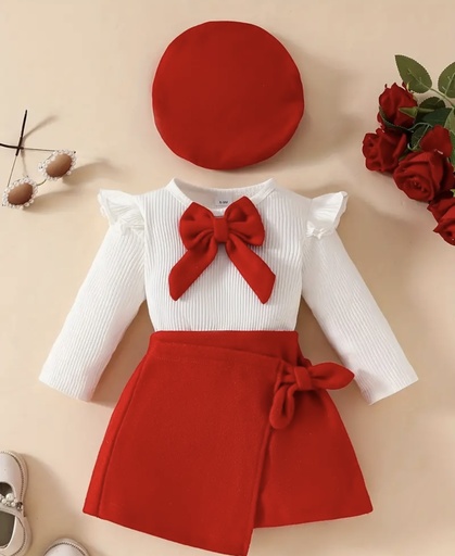 Lovely Bowknot Top & Skirt with Beret Girly Set