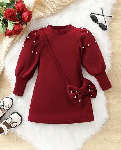 Pearls Puff Sleeves Dress with Bow Bag Set