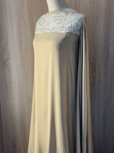 [79928869] Golden silky cape style dress with white lace