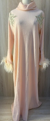 [79928871] Pink feathers golden embroidered high neck dress
