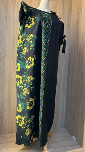 [18094147] Vibrant Yellow & Green embroidery dark blue Floral Dress