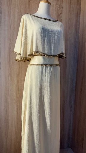 [79928936] Beige golden bells & shells belted dress
