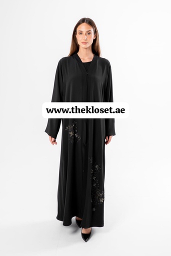 [85750582] Black Abaya With Beaded Butterfly Design 