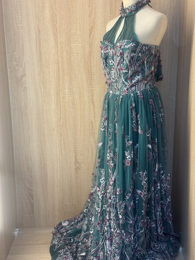 [79929012] Delicate Floral Green & pink Dress/Gown   