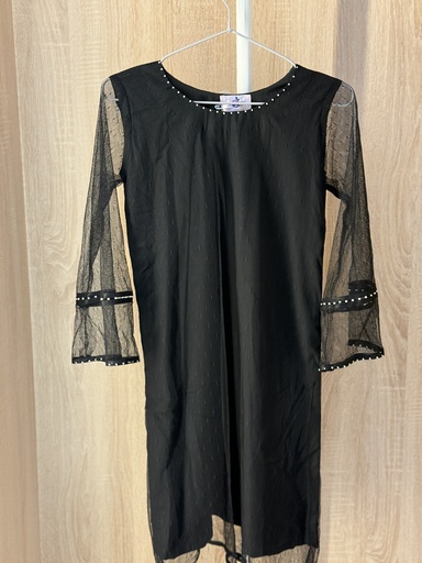 [24729016] Pearly black sheer sleeves dress