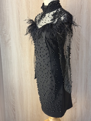Black pearls & Feathers short Bodycon Dress