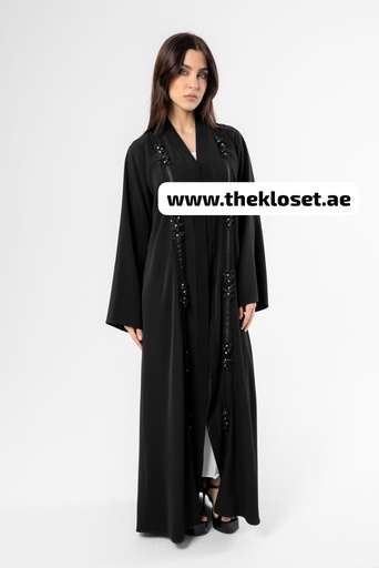 [56335286] Black Abaya With Embroidery Flower Design