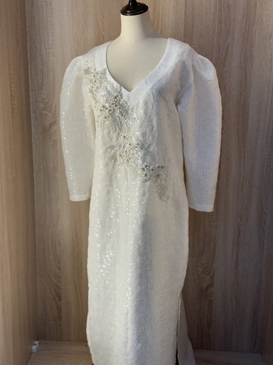 [79929095] Exquisite white Sequins & Beads Floral Dress