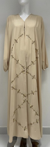[72329187] Flower-Embroidered Beige Abaya