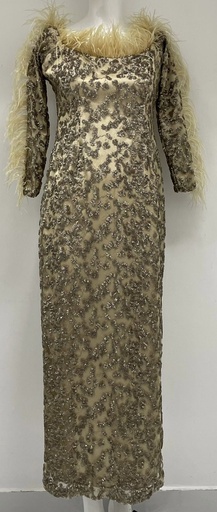 [49707485] Golden Beaded Feather Evening Dress