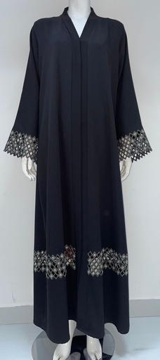 [18498291] Black Abaya With Golden Embroidery Flower Design
