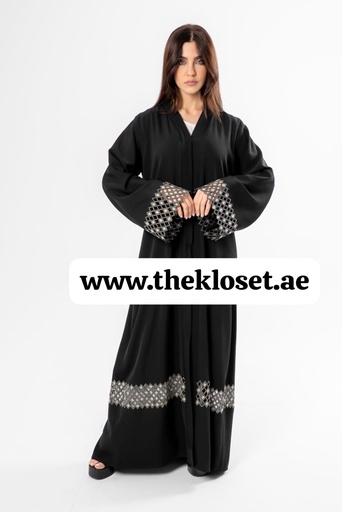 [18498291] Black Abaya With Golden Embroidery Flower Design