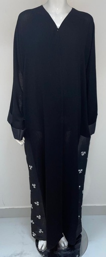 [00029335] Elegant Abaya With Beaded White Flower Design