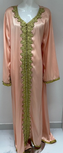 [00029339] Elegant Peach Pink Dress With Golden Embroidery Design