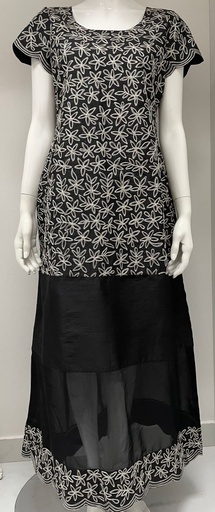[79929343] Black Embroidered Dress With Short Sleeves