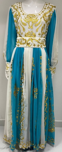 [79929363] Elegant Chiffon Dress Adorned with Golden Embroidery