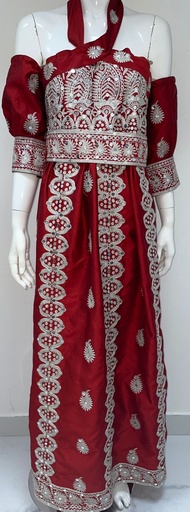 [79929367] Red Off Shoulder Dress With Embroidered Silvery