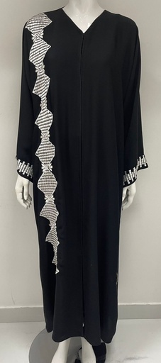[72329380] Black Abaya embellished with white embroidery