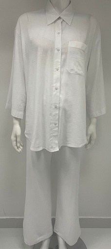 [00029385] Women's White Linen Pants and Shirt Set