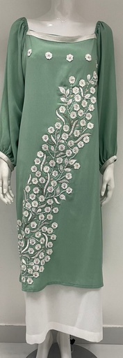 [79929406] Long Dress In Light Green With Floral Embroidery